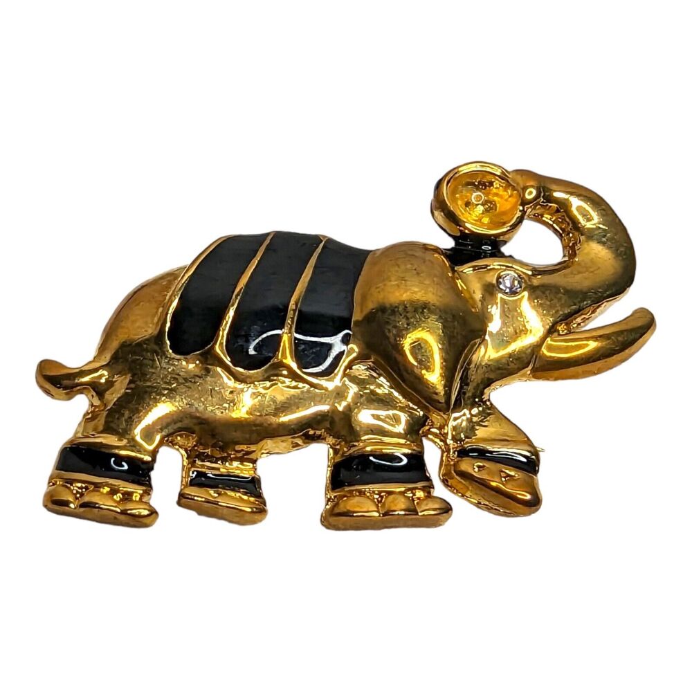 Vtg Jewelry Yellow Gold Plated Black Enamel Elephant Brooch Pin Rhinestone‎ Eye